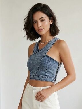 Acid Wash Criss Cross Halter Y2K Crop Denim Tank Halter Top - Size XXL